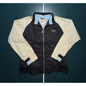 Vintage 90s Nike Windbreaker Jacket Womens Medium Fleece Lined Cream Black Retro